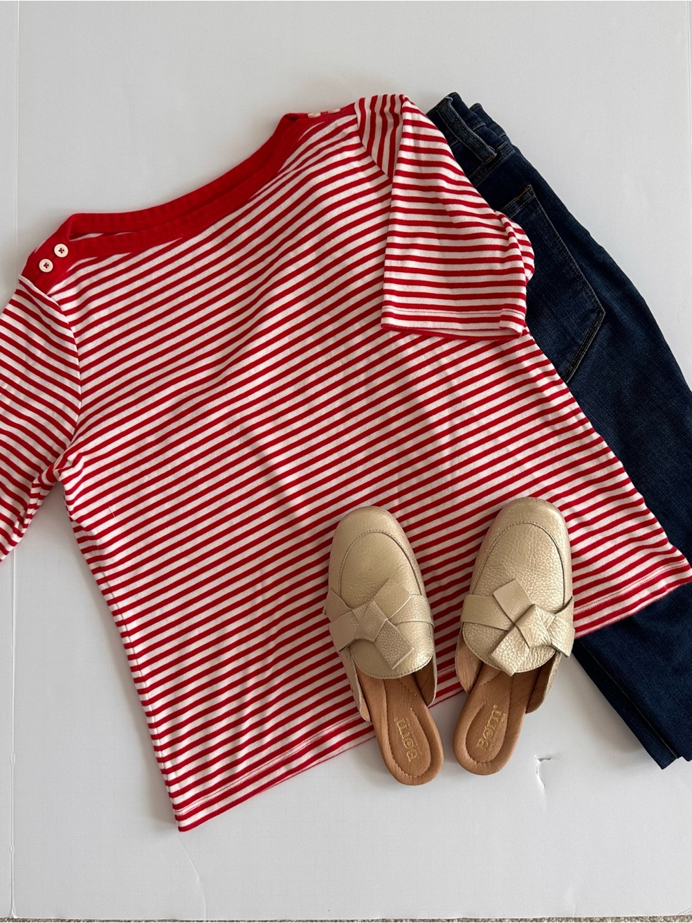 Lands’ End Red and White Striped Shirt Sleeve Top Size Medium Petite